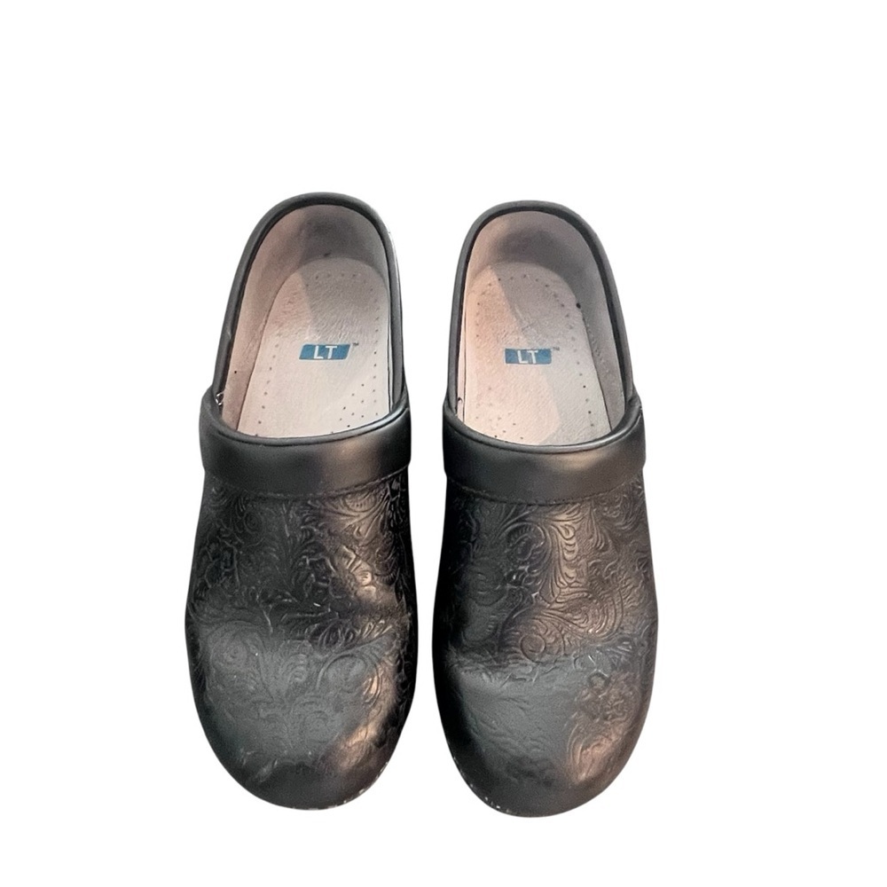 Dansko Black Embossed Leather Slip-On Clogs